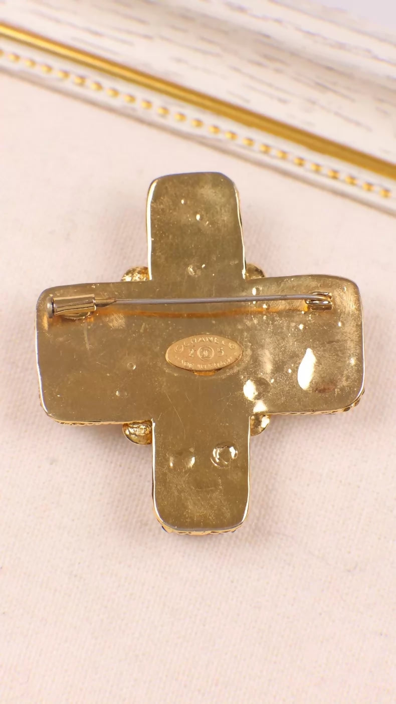 Chanel 1991 Brooch with Blue-Green Glass Rhinestone Inlay and Cross Design