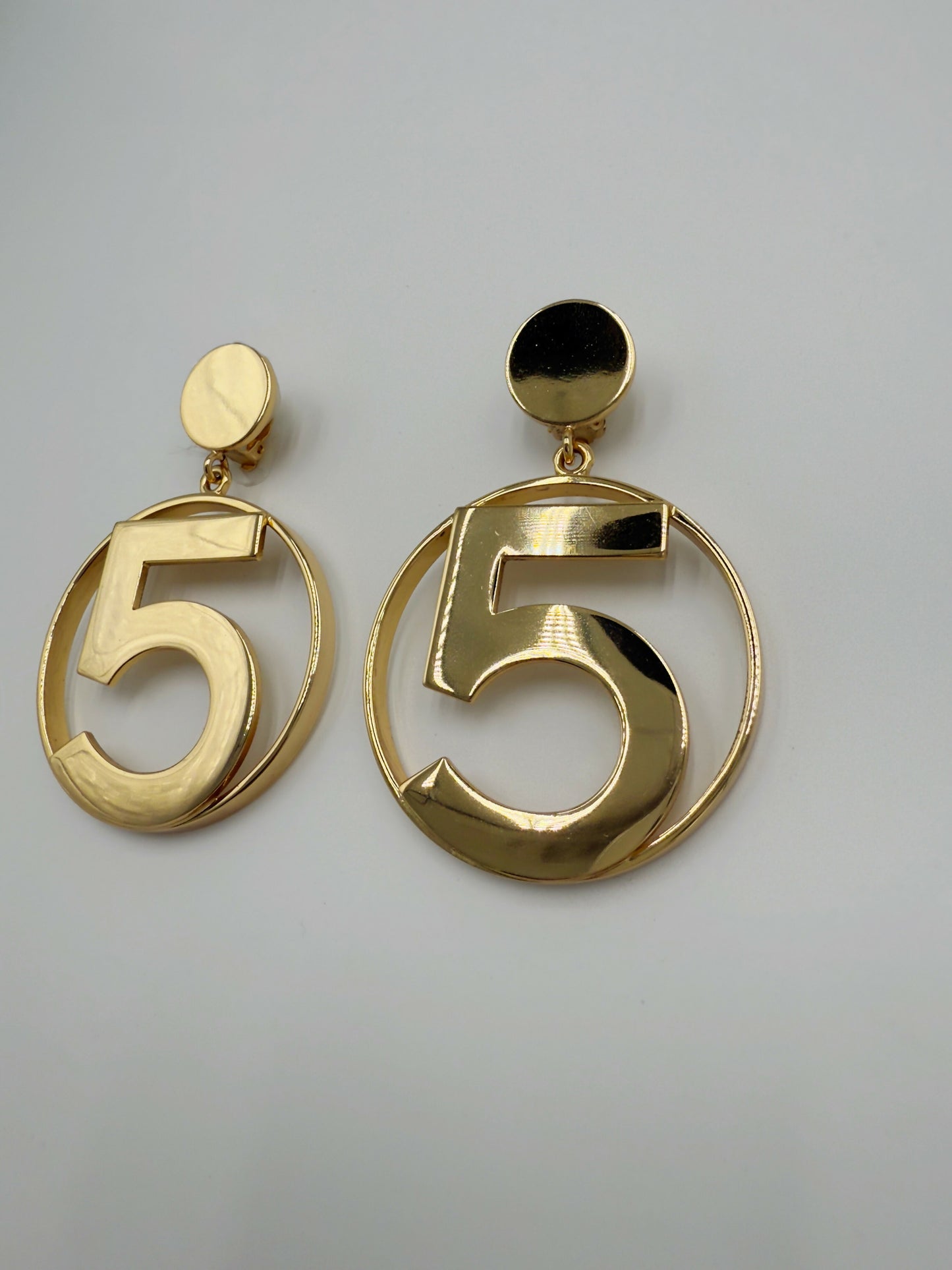 Chanel 1980s Runway Vintage Gold Plated Circle No.5 Dangle Earrings