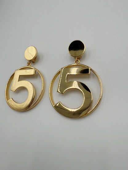 Chanel 1980s Runway Vintage Gold Plated Circle No.5 Dangle Earrings