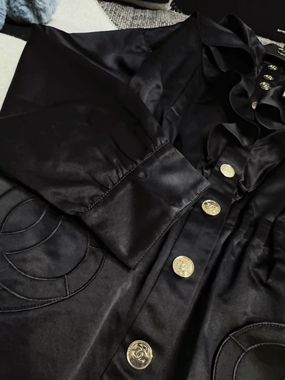 Chanel 25b black ruffled hooded jacket