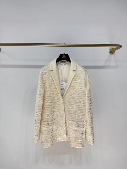Chanel 23S ecru double-C sequined suit jacket