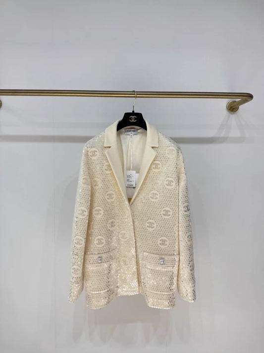 Chanel 23S ecru double-C sequined suit jacket