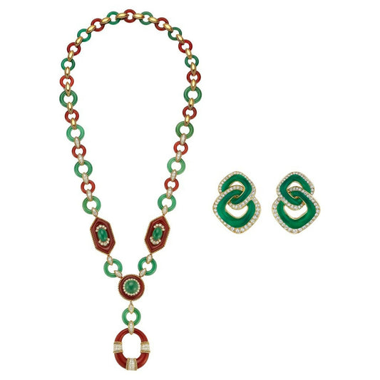 Van Cleef And Arpels Carnelian Chrysoprase Sautoir Necklace and Earrings Set