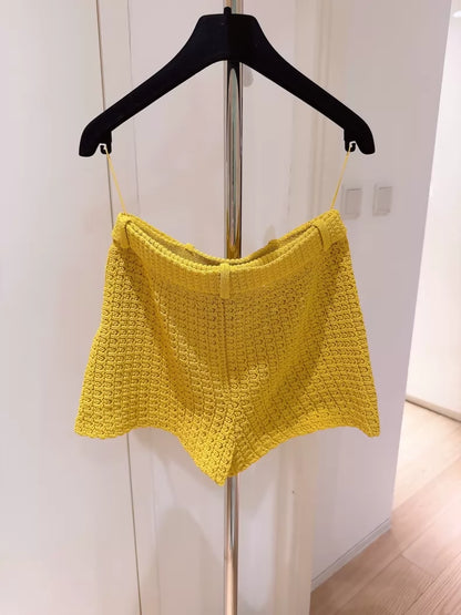 Chanel 25C Yellow Openwork Knit Shorts