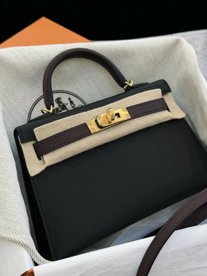 Hermès Mini Kelly II Noir / Black Epsom Leather paired with Rouge H / Brique Saddle Trim & Hardware G Stamp