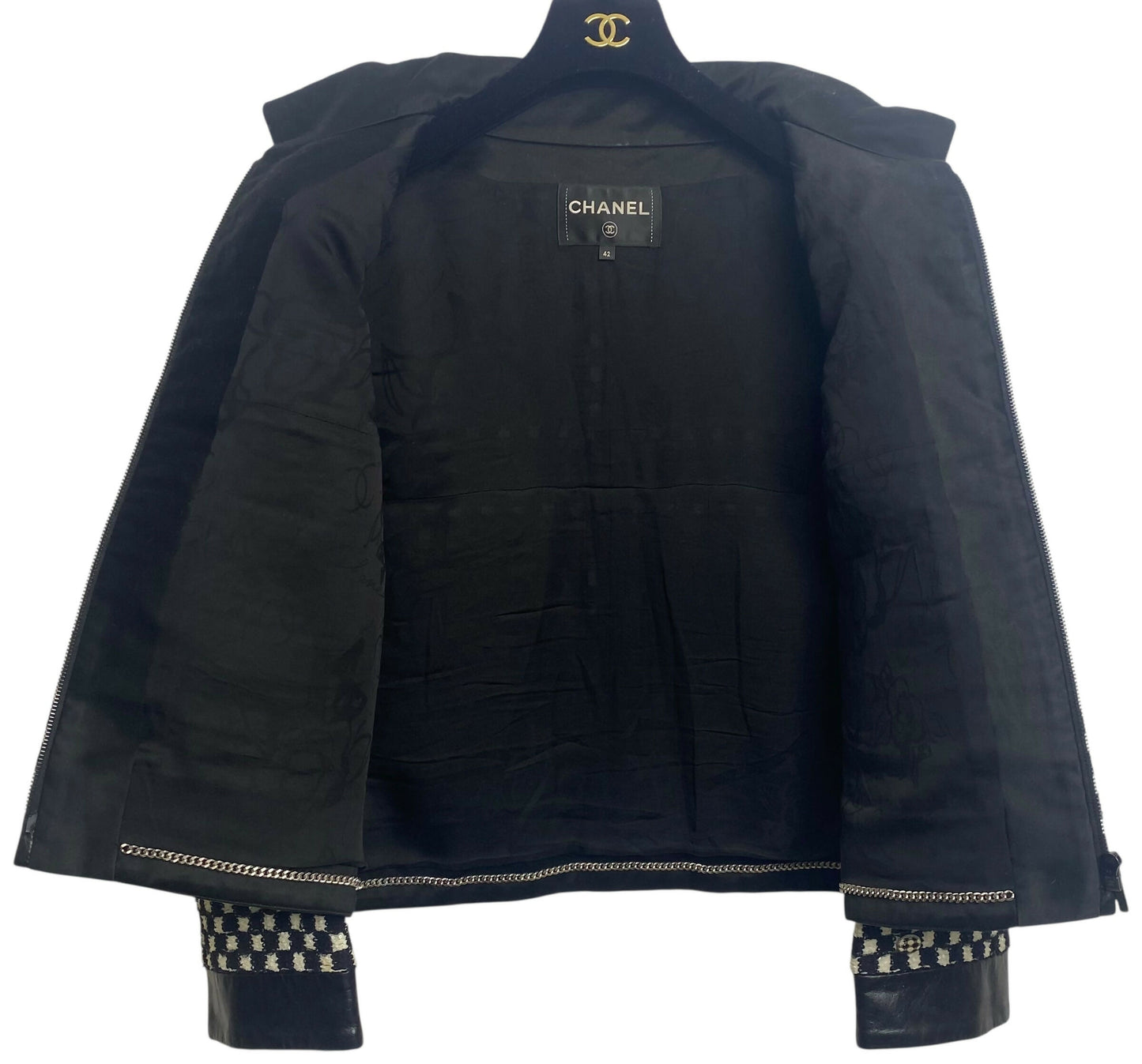 Chanel 17B Metropolitan Checker Sequin Leather Trim Zip Up Jacket FR 42