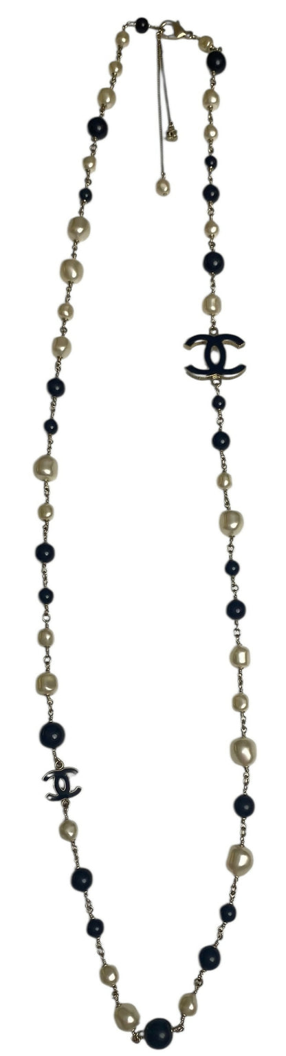 Chanel 12P Classic Long Strand Black White Freshwater Pearl and Bead Necklace GHW