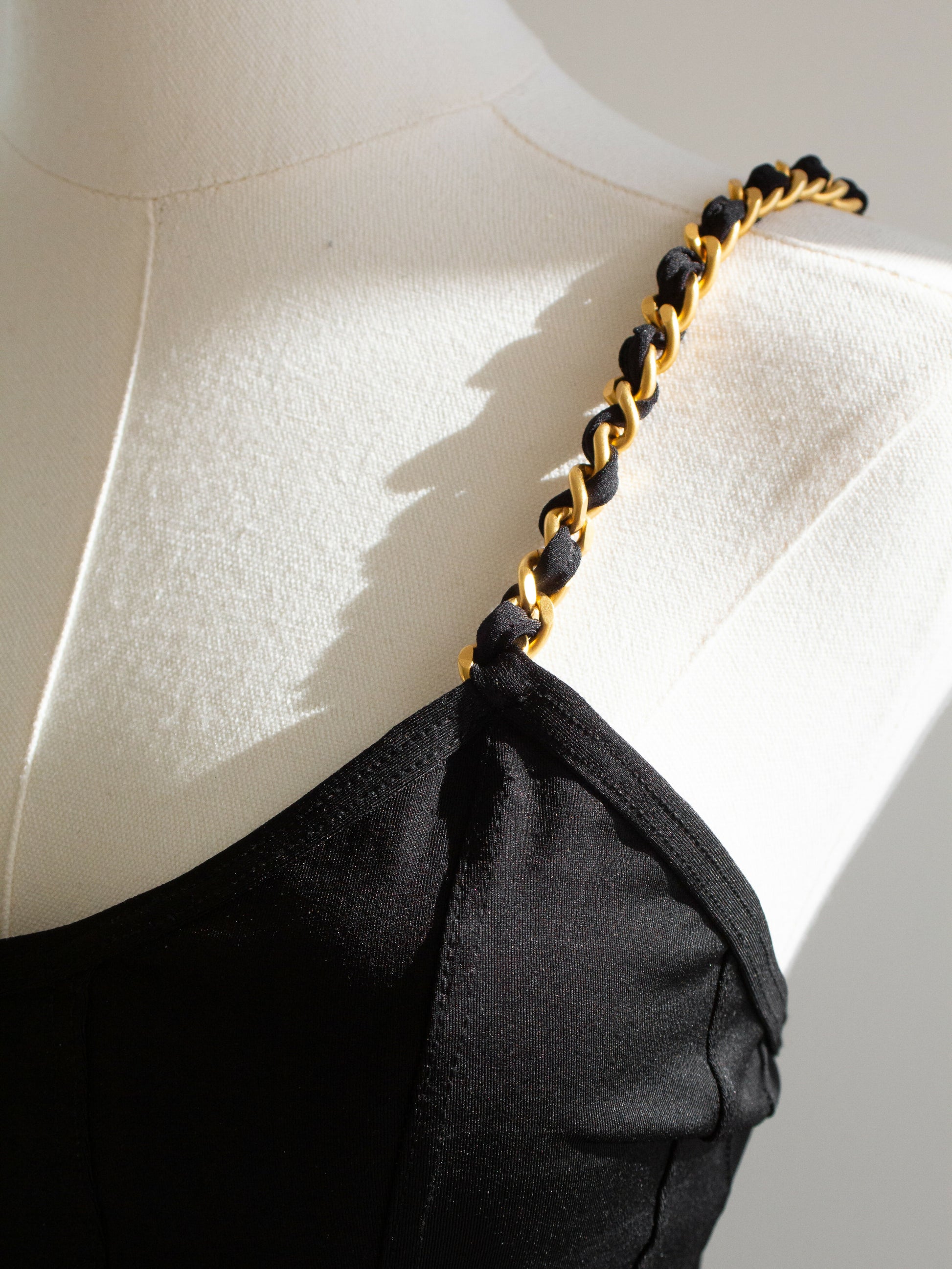 Chanel Vintage 1994 Black Gold Chain Strap Corset Swimsuit Bodysuit Wararni.com Chanel Vintage 1994 Black Gold Chain Strap Corset Swimsuit Bodysuit Wararni.com
