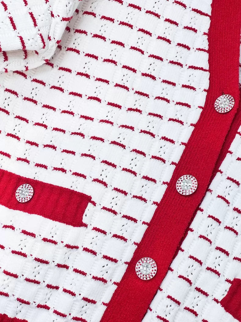 Chanel 23C Red and White Striped V-Neck Knit Cardigan