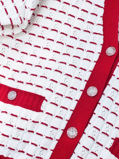 Chanel 23C Red and White Striped V-Neck Knit Cardigan