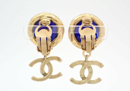 Chanel Vintage 96P Gripoix Blue Coco Mark Dangle Clip-on Earrings
