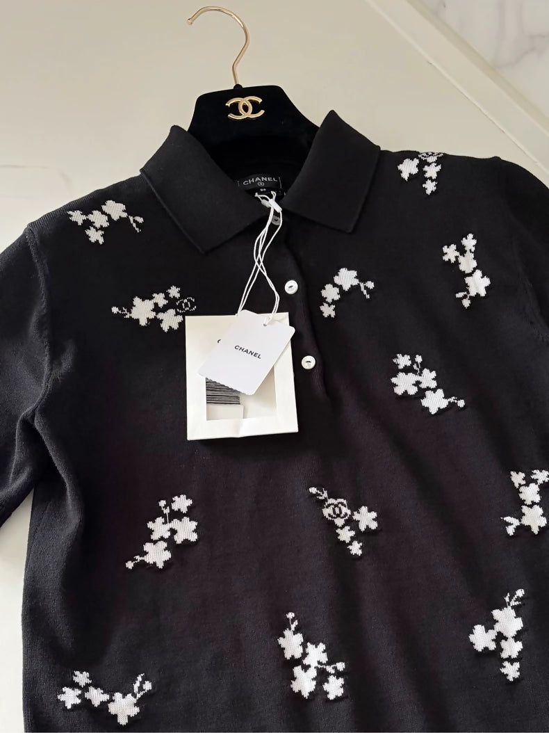 Chanel 26P Black Camellia Embroidered Polo Shirt