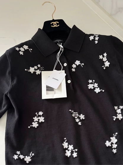 Chanel 26P Black Camellia Embroidered Polo Shirt