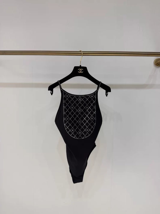 Chanel 23P Black Rhinestone Double C One-Piece Swimsuit (