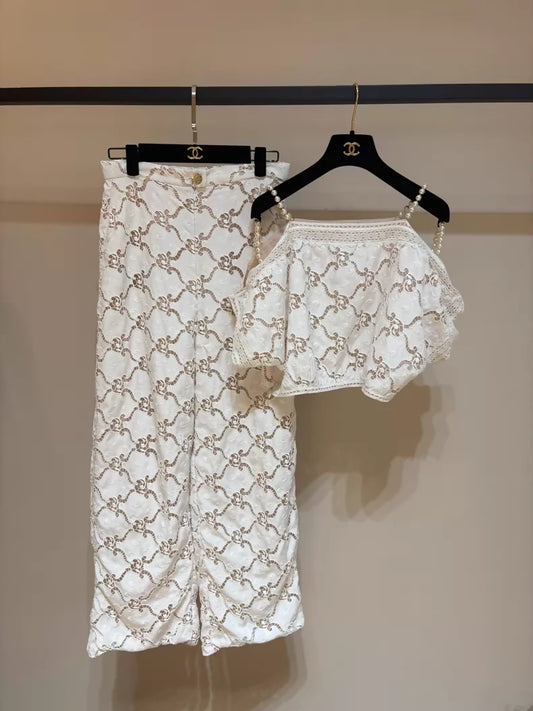 Chanel runway pearl-embroidered silk top set