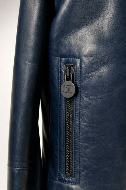 Chanel 12P Dark Blue Petrol Quilted Leather Biker Jacket