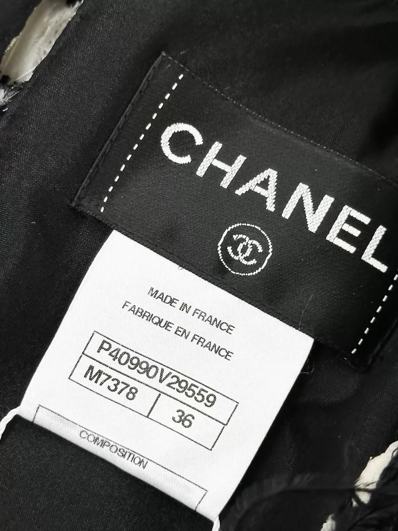 Chanel 2011 black and white tweed & feathers dress