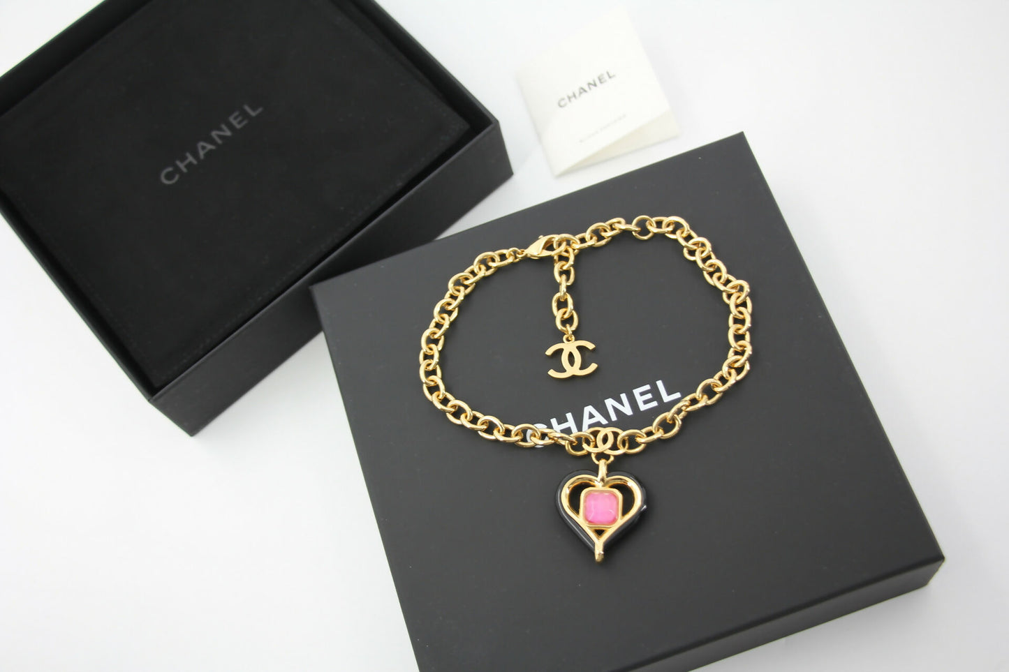 Chanel B23C Metal Black and Pink Heart-Shaped Pendant Gold Chain Necklace