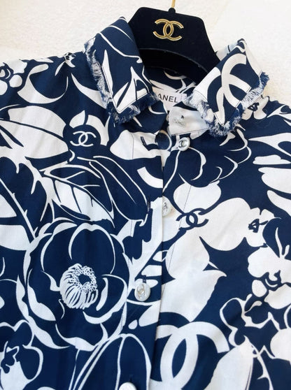 Chanel coco limited blue and white camellia shirt