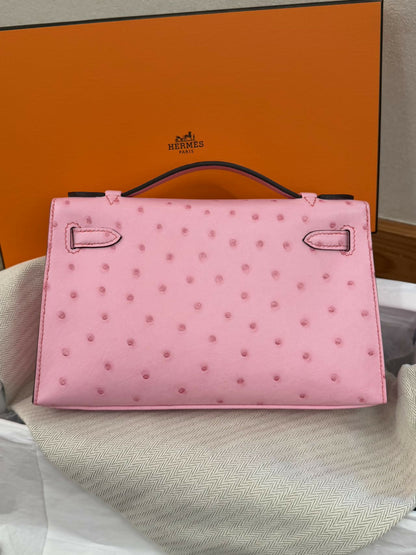 Hermès Mini Kelly 20 Pink Bubblegum Ostrich Leather with Palladium Hardware