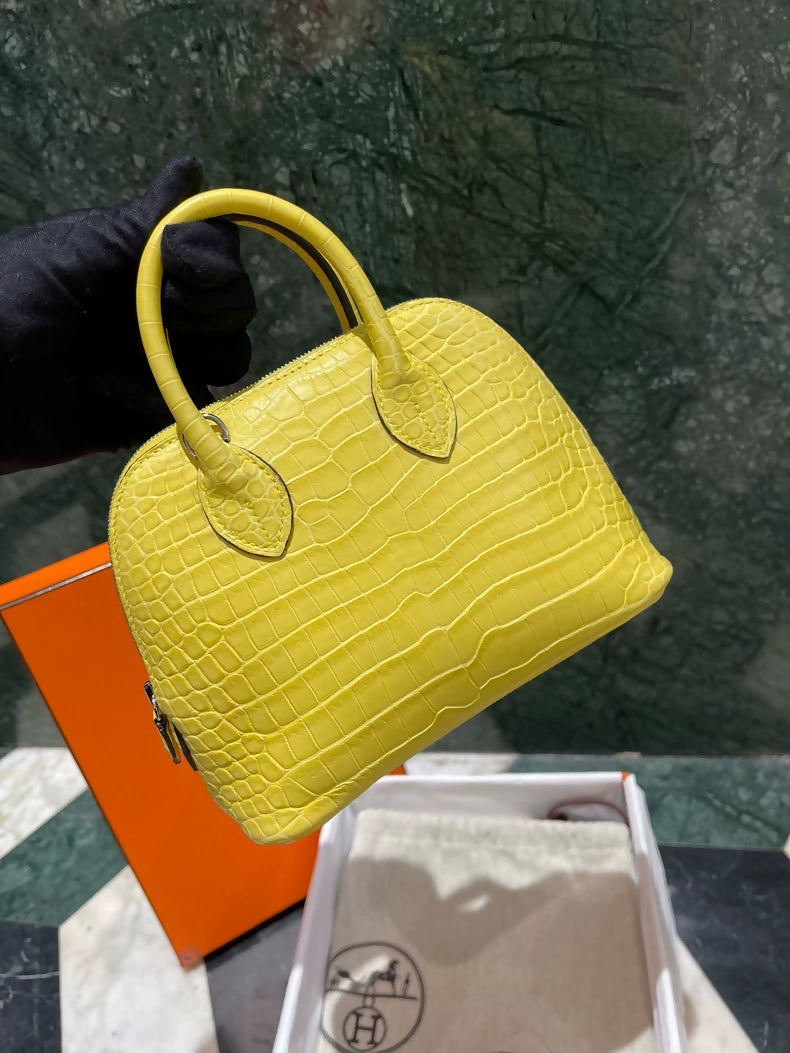 Hermes Mini Bolide M9 Marigold Yellow Matte crocodile leather palladium hardware