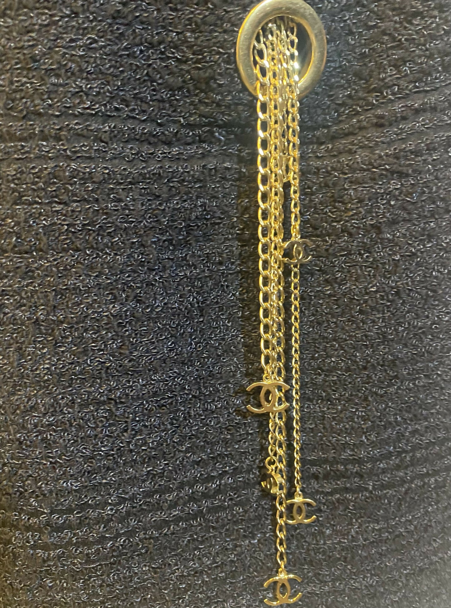 CHANEL 08P RUNWAY BLACK TWEED DRESS GOLD CC LOGO CHAINS FR 50