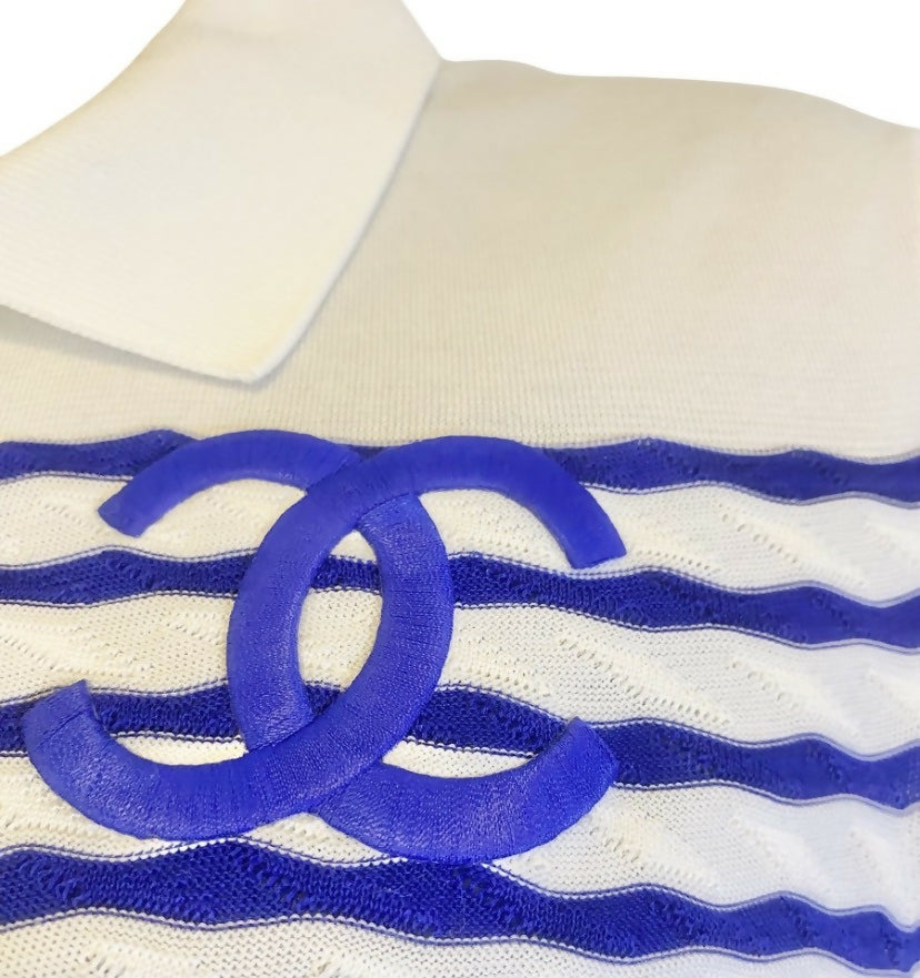 Chanel 19C La Pausa CC Wave Stripe Blue White Polo Shirt FR 36