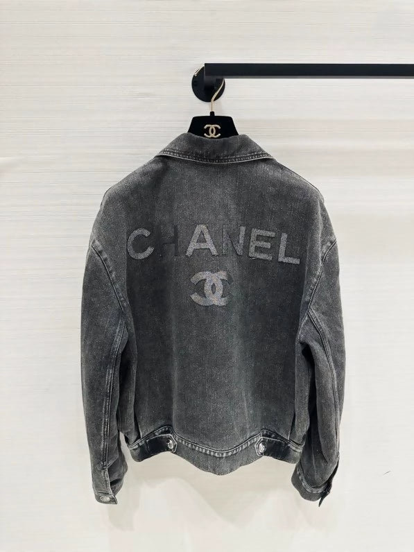 Chanel's popular black and grey denim jacket with logo detailing