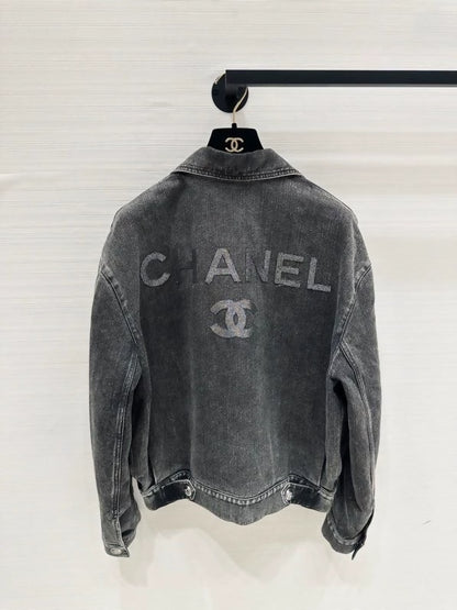 Chanel's popular black and grey denim jacket with logo detailing