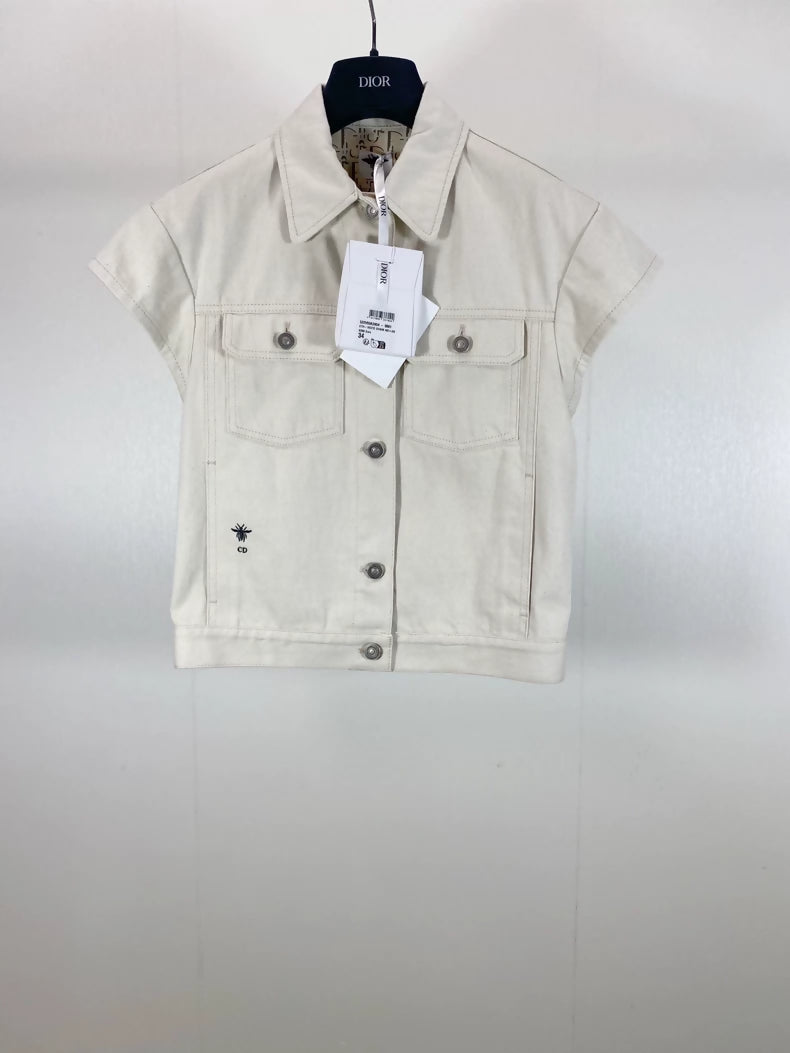 Dior Beige Distressed Denim Vest with All-over Print Lining