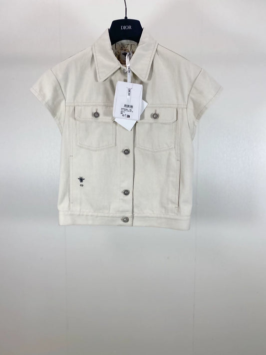 Dior Beige Distressed Denim Vest with All-over Print Lining