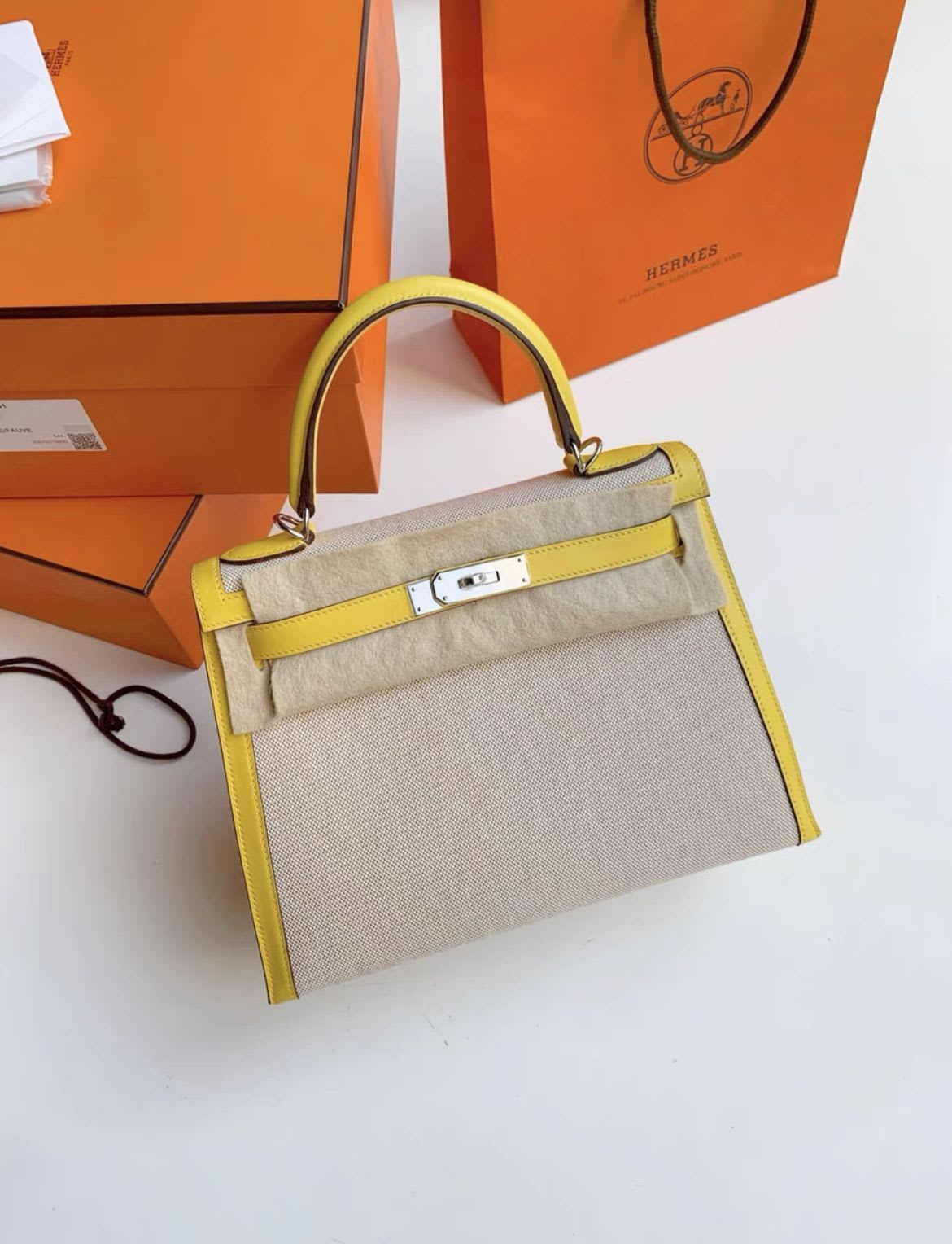 Hermès HERMES kelly28 9o Naples yellow patchwork canvas silver - Kelly 28 Tote Bag - Used fashion item from Wararni