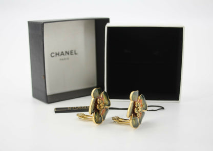 Chanel Vintage 03P Gripoix Green Orange Floral CC Clip-on Earrings