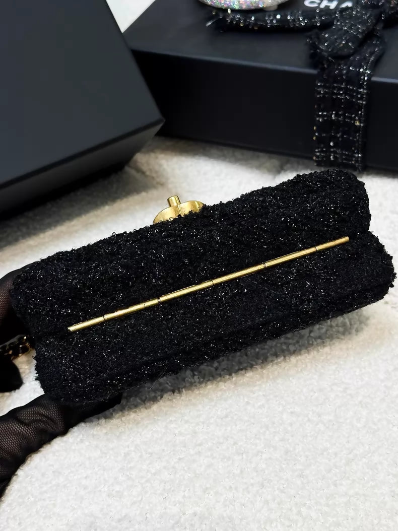 Chanel 22K black and gold metallic tweed CF chain evening bag