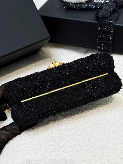 Chanel 22K black and gold metallic tweed CF chain evening bag