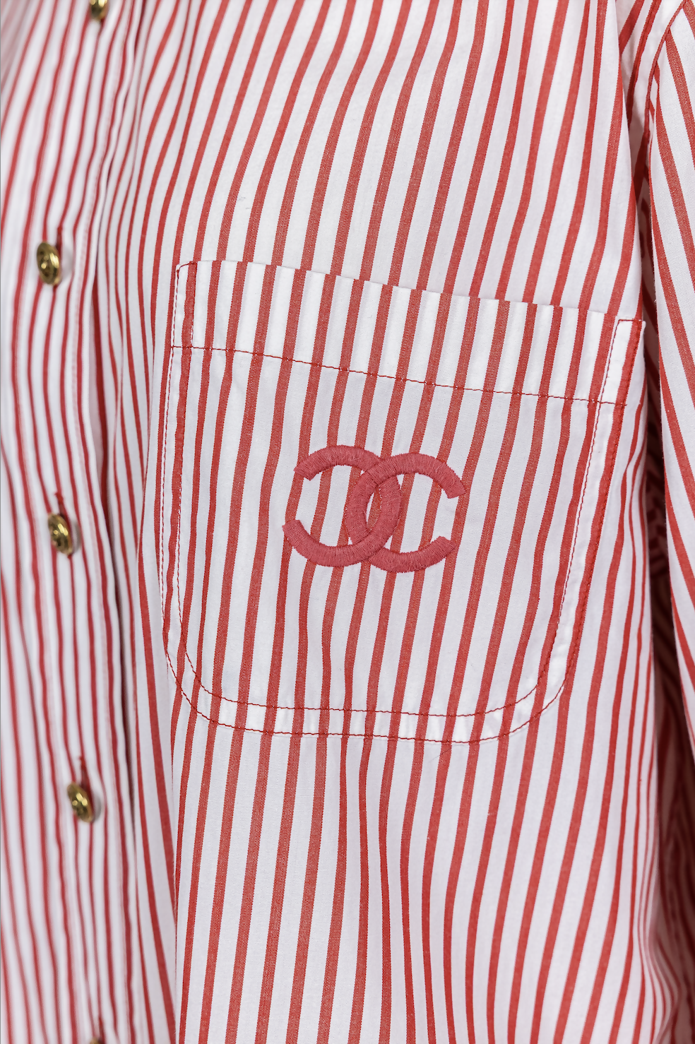 Chanel 1990s Vintage Red Striped Embroidered Logo Button-Down Shirt