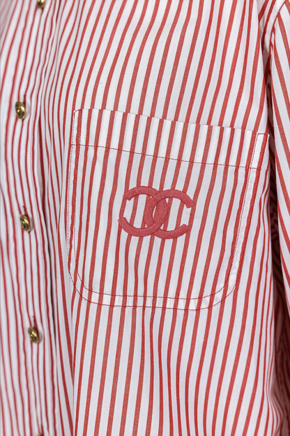 Chanel 1990s Vintage Red Striped Embroidered Logo Button-Down Shirt