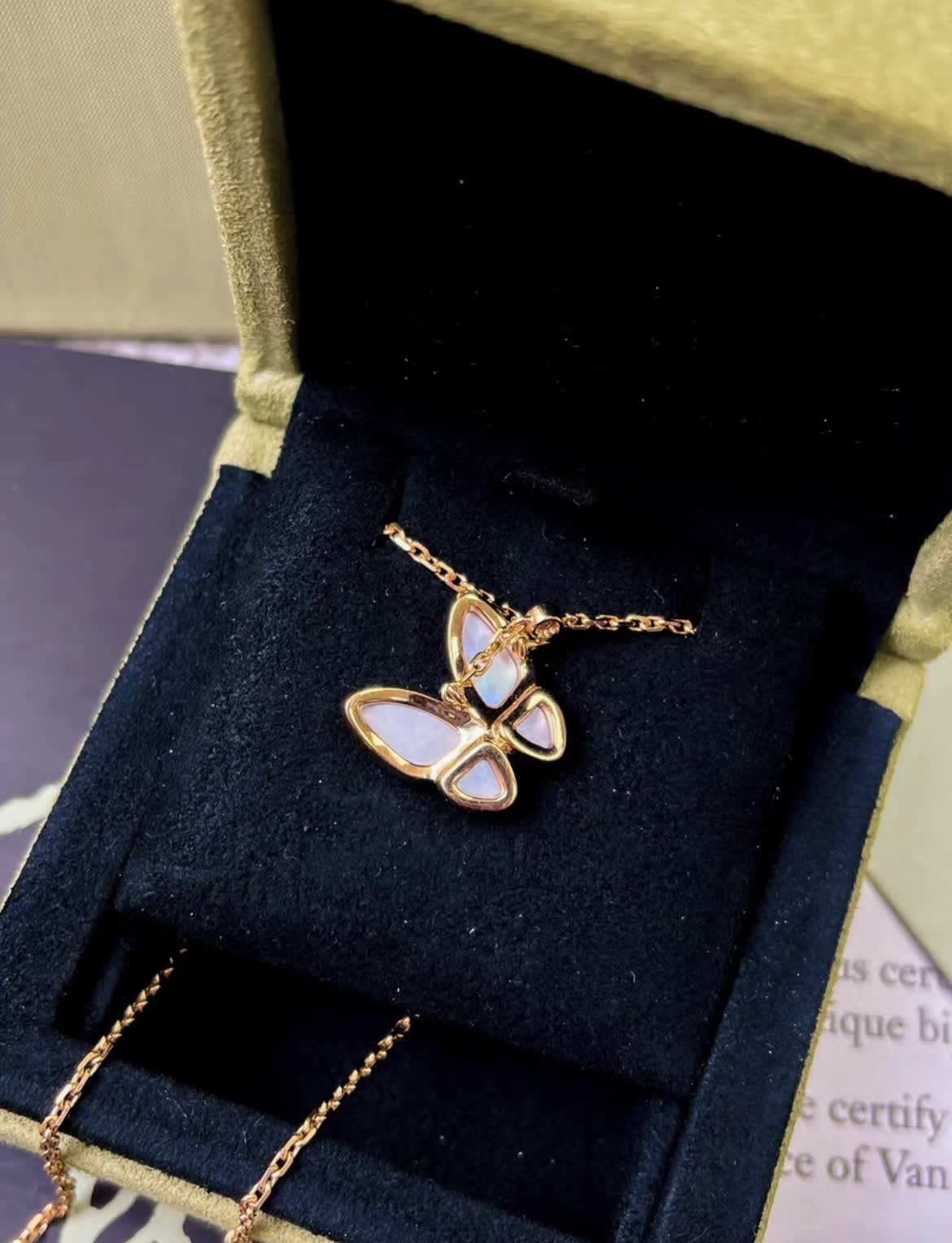 VCA Van Cleef & Arpels butterfly rose gold mother-of-pearl diamond necklace