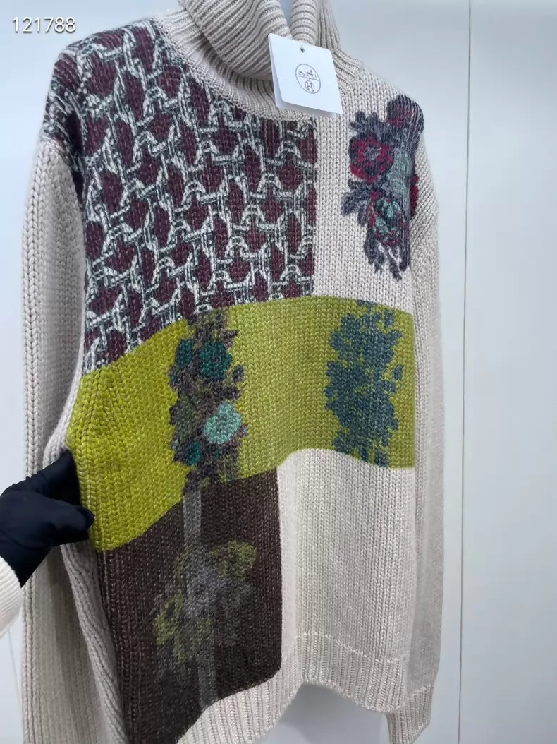Hermes floral cashmere knit turtleneck Men's sweater