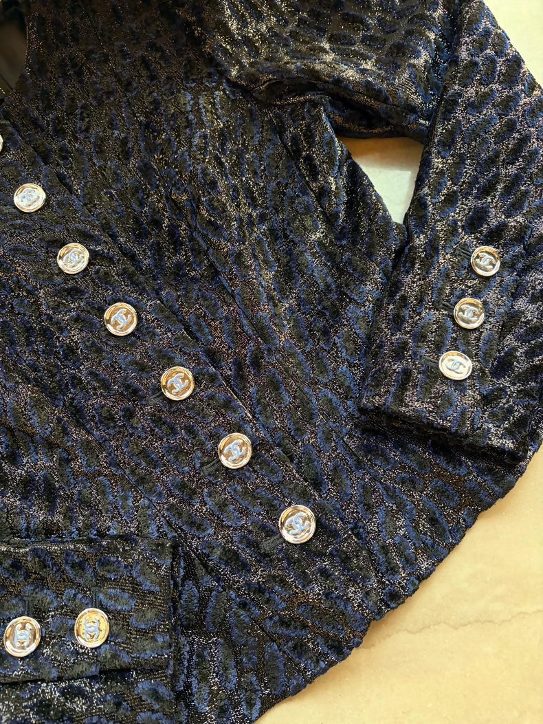 Chanel 23A Navy Blue Leopard Print Velvet Jacket