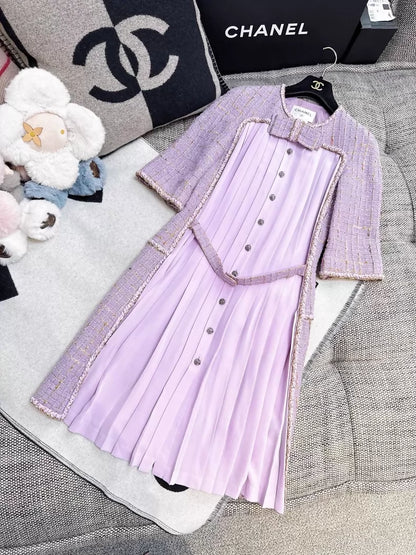 Chanel 15b Pinkish-purple tweed pleated silk dress with bow detail