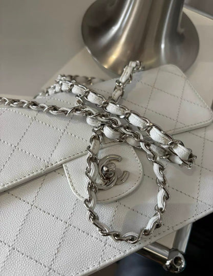 Chanel White Caviar Leather Classic Double Flap Shoulder Bag