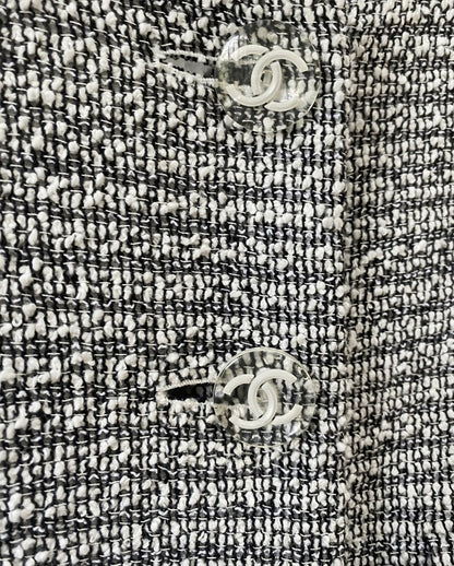 Chanel 18P Black White Ecru Boucle Tweed Fringe Jacket FR 44