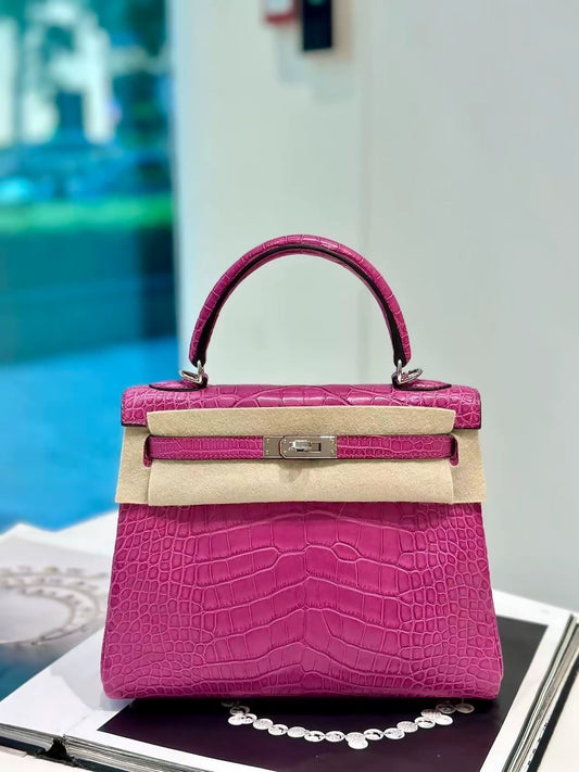 Hermes Kelly 25 J5 rose Scheherazade matte alligator palladium hardware