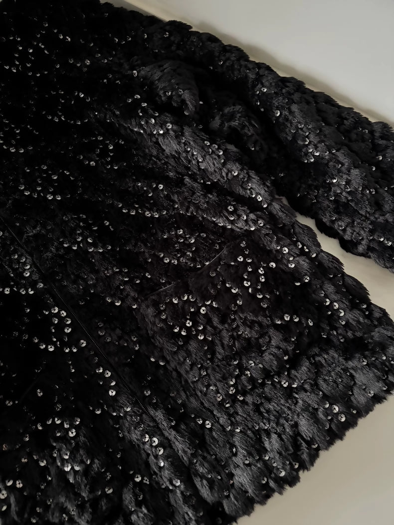 Chanel 25N Black Sequined Fur Zip-Up Jacket