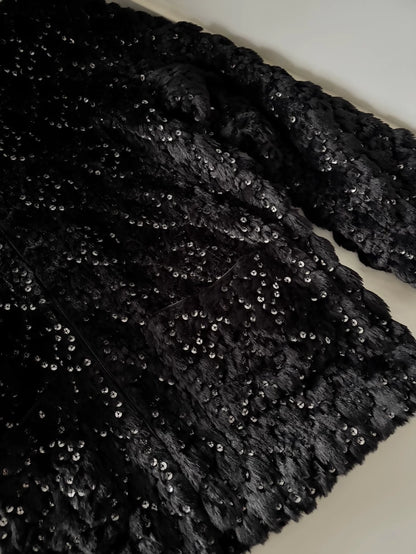 Chanel 25N Black Sequined Fur Zip-Up Jacket