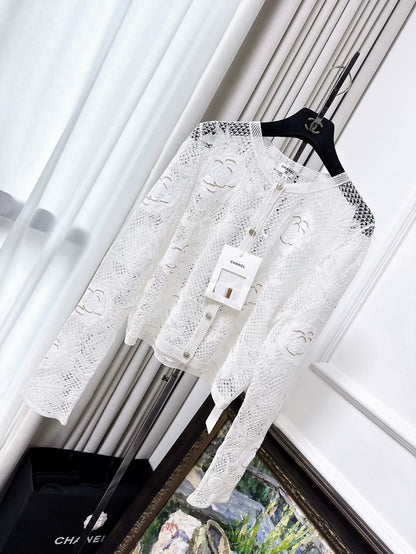 CHANEL 26C  White Openwork Knit Camellia Gold Thread Cardigan
