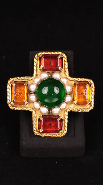 Chanel 1991 Red and Green Candy Glass Cross Brooch