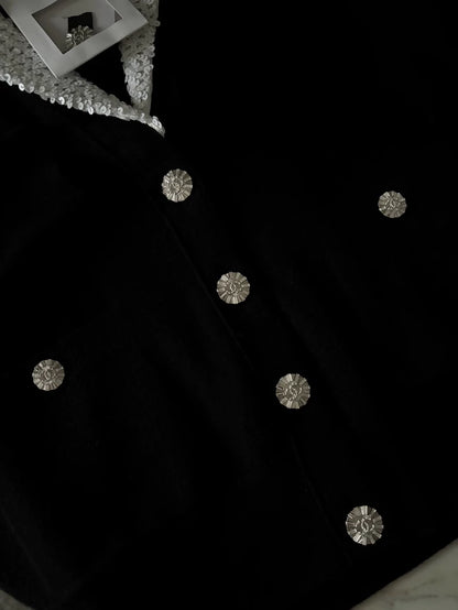 Chanel 23C White Sequined Collar Black Wool Cardigan