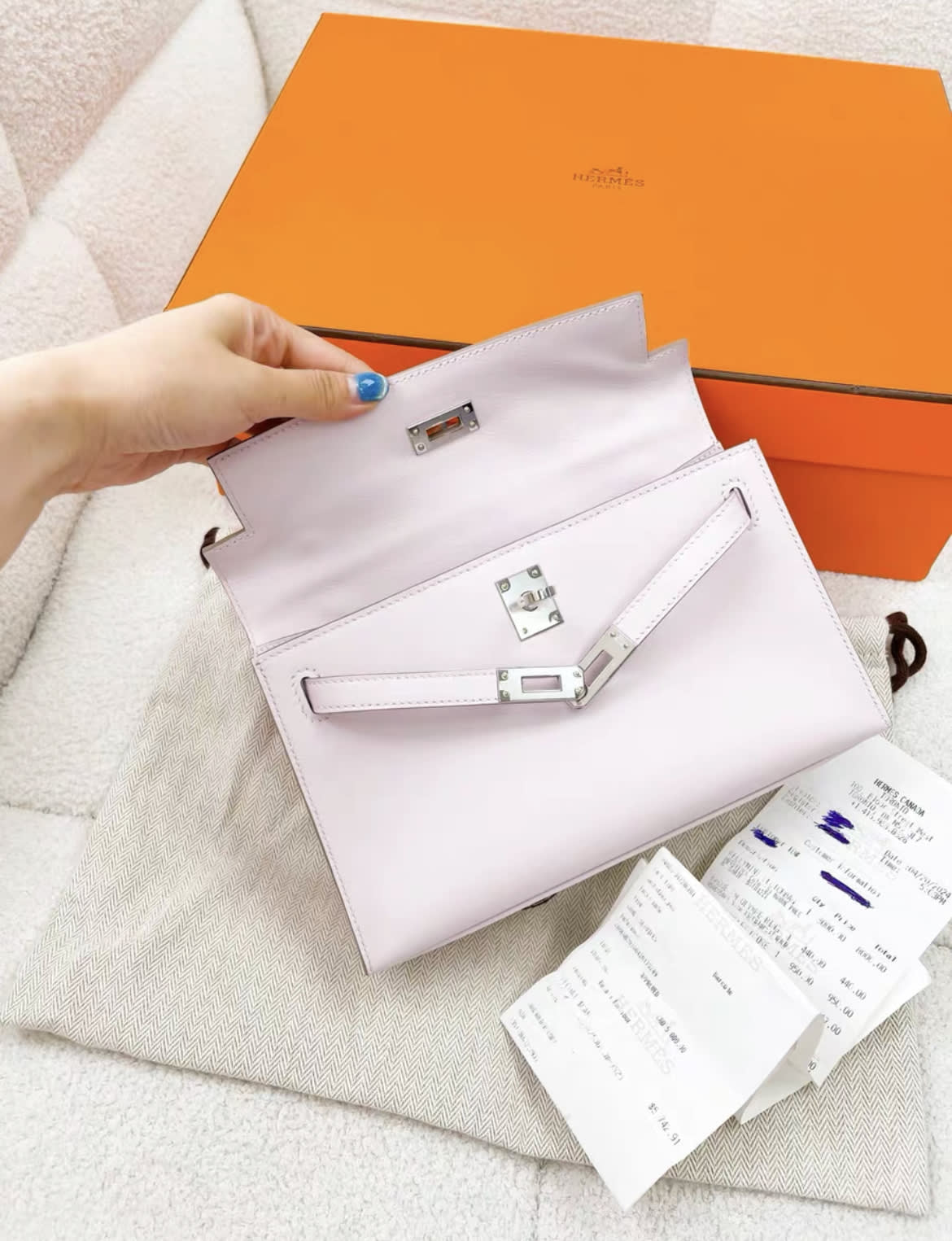 Hermès Kelly Pochette Mauve Pale Swift Palladium Hardware